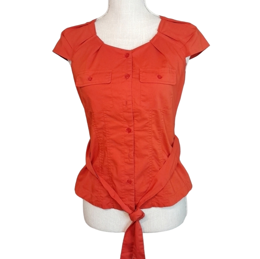 New York & Company X-Small Orange Button Down Belted Blouse Top